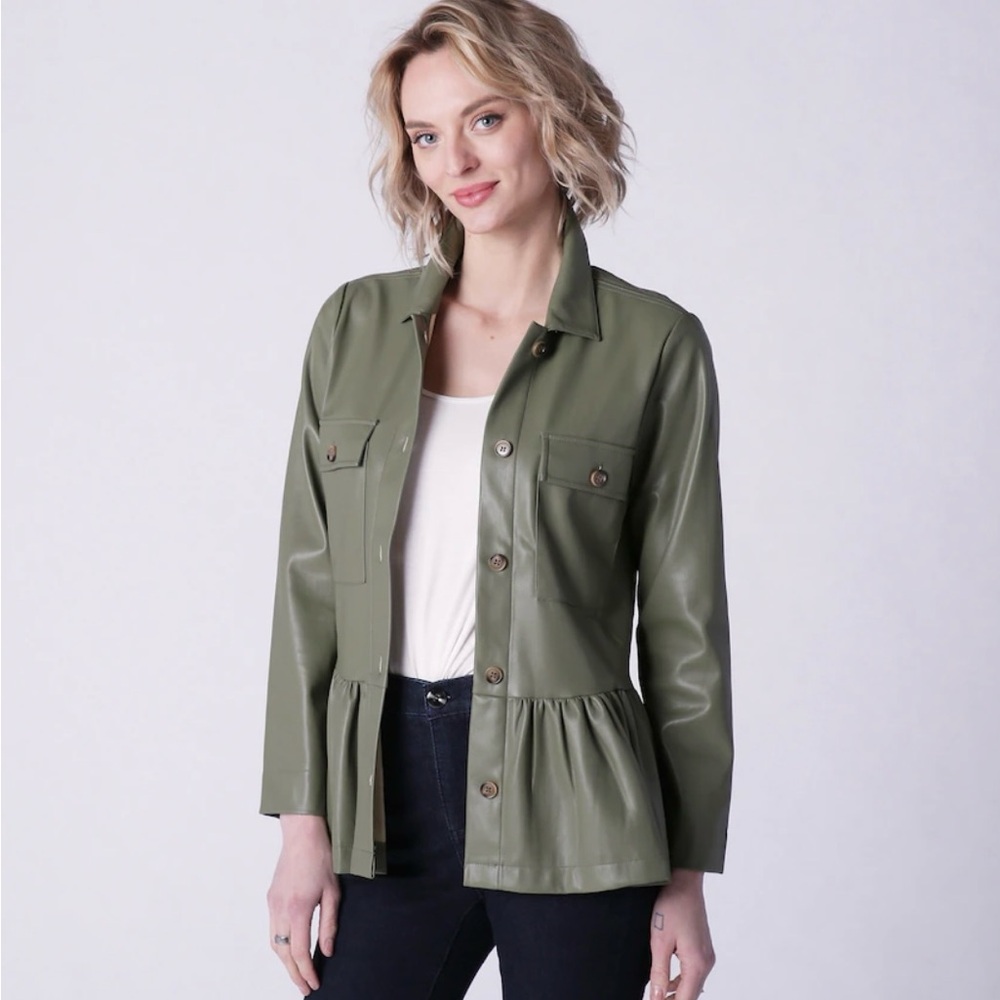 WynneLayers Comfort Stretch Twill Pleated Peplum Jacket Olive Green